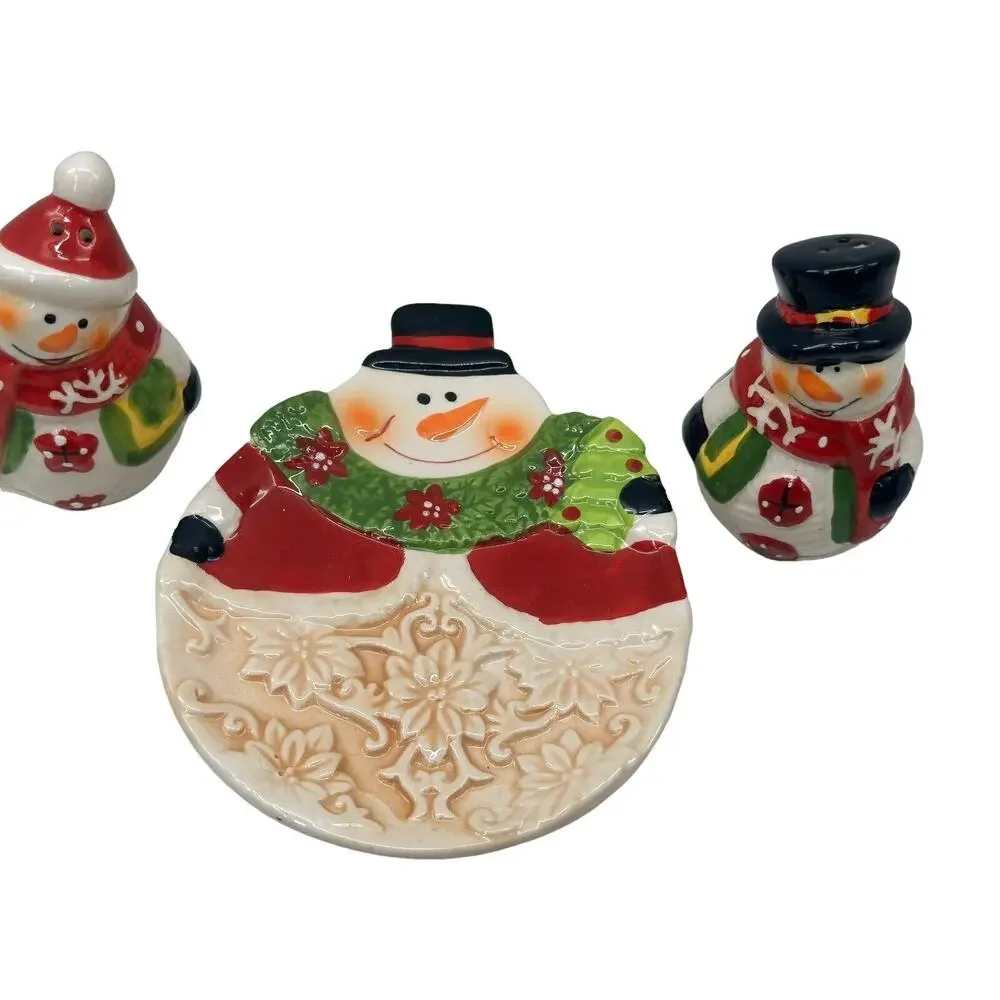 Snowman Salt and Pepper Shaker Set of 3 w/Tray Ceramic Christmas Holiday Decor
